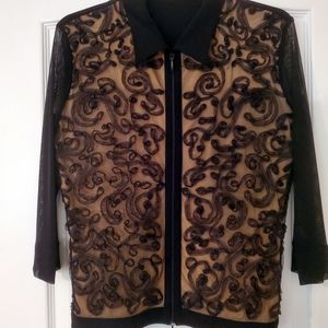 Boutique M Black Cream Sheer long sleeve zippered top